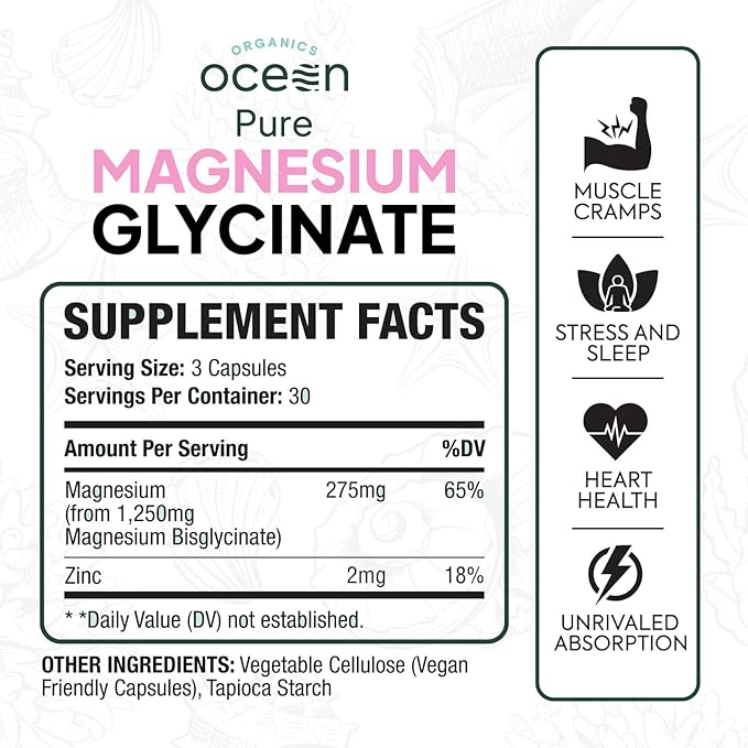 Organics Ocean Pure Magnesium Glycinate with Zinc - Maximum Strength Chelated Magnesium Supplement for Women and Men for Muscle Cramps and Sleep Support - 6 Bottles