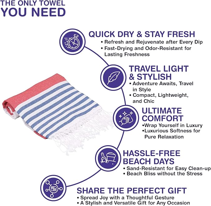 Oversized Turkish Beach Towel 38’’x71’’ - Set of 2 | 100% Turkish Cotton Lightweight Sand Free Quick Dry Pool Towels | Extra Large Bath Towels for Adults Beach Blanket Essentials