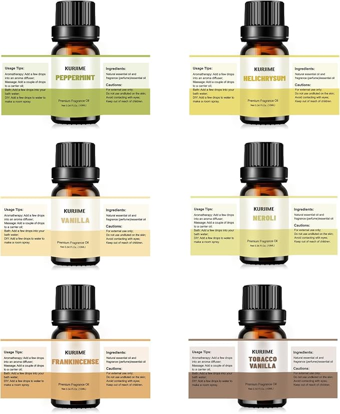Essential Oil Set, Earthy Scents Fragrance Oil Essential Oils for Diffuser Oil Scents | Peppermint, Frankincense, Vanilla, Helichrysum, Neroli, Tobacco Vanilla Scented Oils, 6x10ml