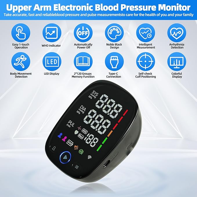 Automatic Upper Arm Blood Pressure Monitor for Home Use – One-Touch, LED Backlit Display, Bluetooth Sync, 8.7"-17.3" Cuff, Dual User 240 Readings, USB-C/Battery (4AA Included)