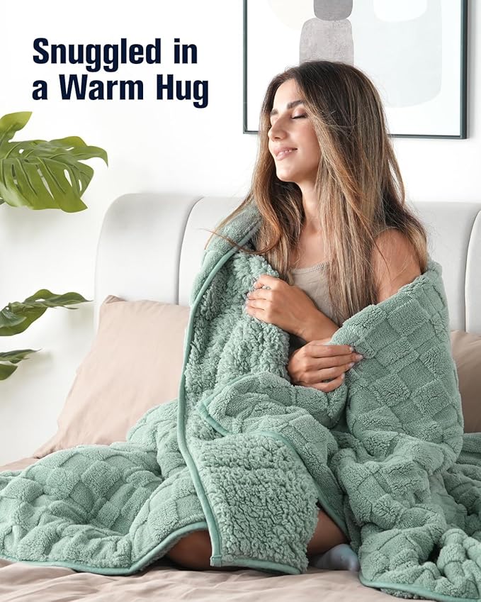 Kivik Weighted Blanket for Adult, 15 lbs Checkered Throw Blankets, Soft Dual Sided Heavy Fleece Checkerboard Blanket for Couch Sofa Bed, Twin Size 48 x 72 Inches, Sage Green