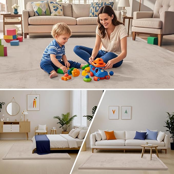 ACOMOPACK Baby Play Mat for Floor,1.3" Thick Memory Foam Area Rug for Living Room,Soft Velvet Crawling with Non-Slip Bottom for Kid,Toddler,71"×79" Tummy Time Nursery Rugs,Yoga(Beige)