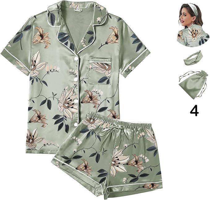 4Pcs Womens Satin Silky Pajama Sets Short Sleeve Shirt XS-4XL Floral Pajamas Set Soft PJ Loungewear Sleepwear