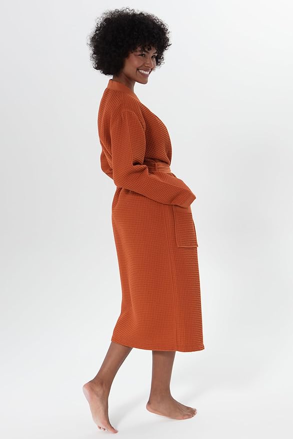 SEYANTE Womenโs Luxury Waffle Shawl Collar, Hooded Robe w Piping โ Lightweight, Long, Ultra Soft Spa Sleepwear Bathrobe
