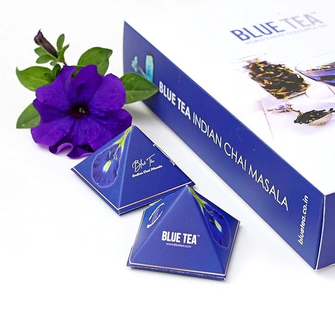 BLUE TEA - Indian Chai Masala - 12 Count - Pyramid Plant Based Tea Bag | Butterfly Pea Flower | Flower & Indian Spices Based | Caffeine Free - Detox Tea - Herbal Tea - Non Bitter | Gifts Box
