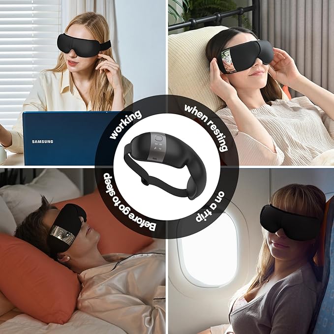 HubiCare Eye Massager with Heat, Vibration, and Music Helps Relieve Strain, Dark Circles, Dryness, and for Migraine Relief Relaxation and Better Sleep Gifts for Women/Men (Black)