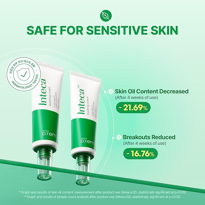 MAKE P:REM INTECA Soothing Cream, Quick Calming Facial Cream with Advanced CICA for Acne-Prone Skin, All Skin Types, EVE VEGAN, Korean Skin Care, 2.70 fl.oz., 80ml