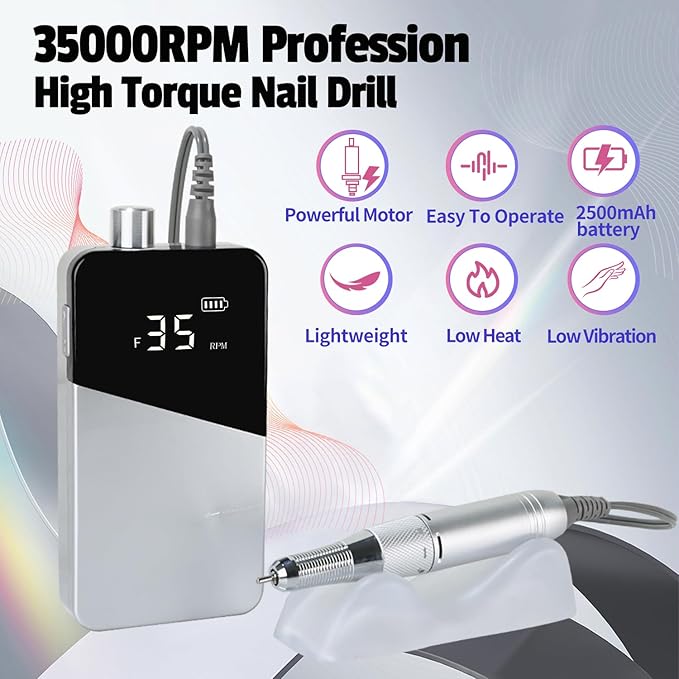 Electric Nail Drill Machine 35000RPM Professional Portable Nail File Cordless Rechargeable Nail Efile for Acrylic Gel Nails Manicure Pedicure Polishing Shape Tools for Salon (Silver)