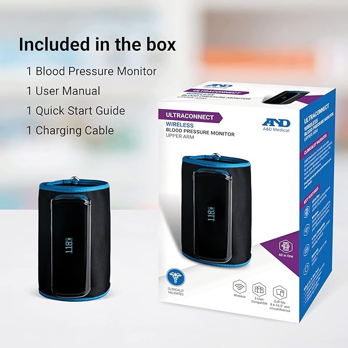 A&D Medical UltaConnect Smart Blood Pressure Monitor for Home Use, UA-1200BLE, Upper Arm Cuff (8.6-16.5" / 22-42cm), 5 Users + 1 Guest. Bluetooth, Portable, iOS & Android Compatible, Rechargeable