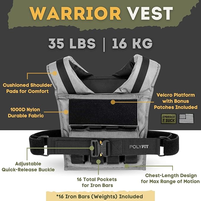 Polyfit (Warrior) Adjustable Weighted Vest - 25lb | 35lb | 45lb - Weight Vest with Adjustable Iron Weights for Men and Women for Workouts, Strength Training, Rucking