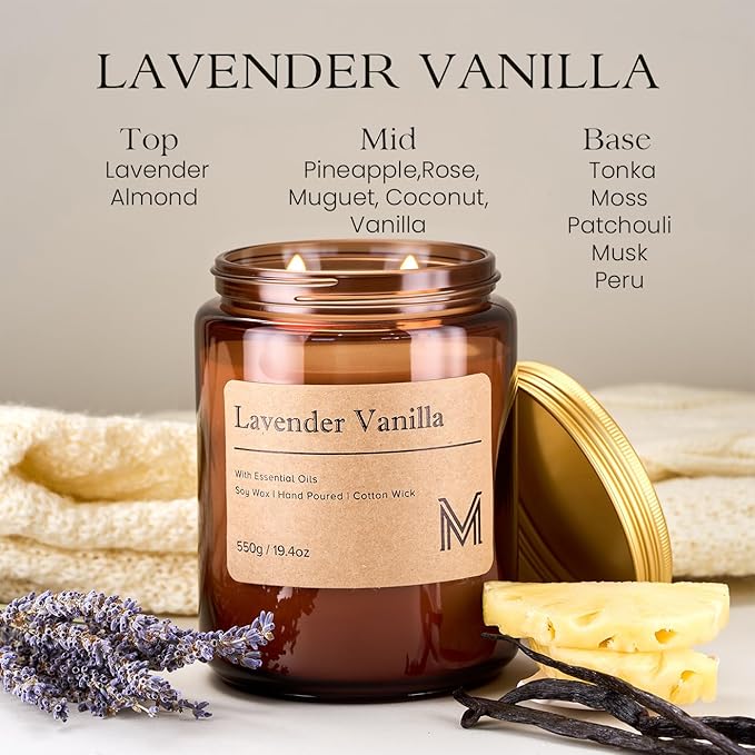 M&SENSE Lavender Vanilla Home Scented Candle | 19.4oz, 115-Hour Burn | Natural Organic Soy Wax | Long-Lasting for Stress Relief and Gifting | for Bedroom,Relaxing SPA,Office