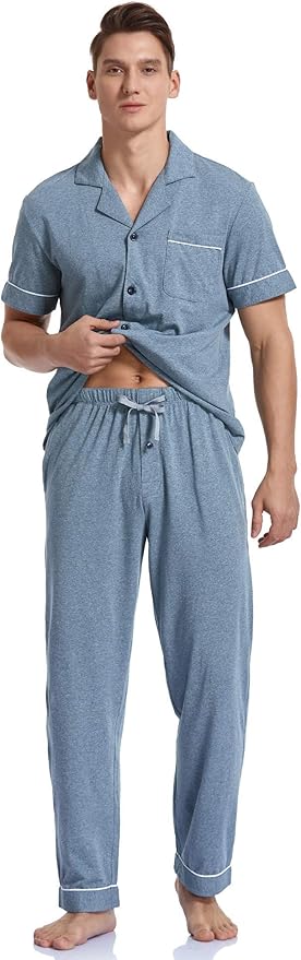 COLORFULLEAF Men's 100% Cotton Pajamas Set Button Down Sleepwear Short Sleeve and Long Pants Pjs