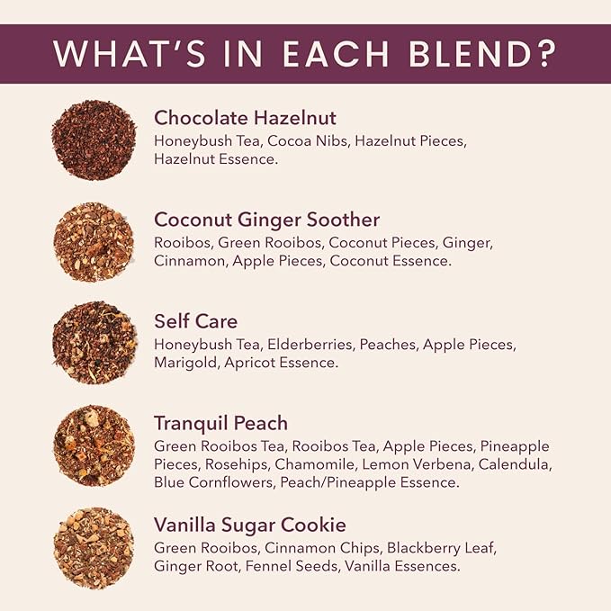 Herbal Tea Sampler – 5 Caffeine-Free Loose Leaf Blends for Sleep and Relaxation, Fruity and Dessert-Inspired Flavors, 75 to 100 Cups – Handcrafted in USA – Plum Deluxe