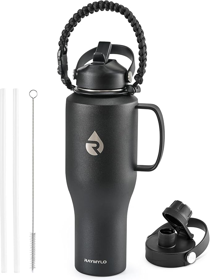 Insulated Water Bottle 40oz (Cold for 48 Hrs), Stainless Steel Water Bottle with Handle & Straw Lid & Paracord Handle, Triple Wall Vacuum Leakproof Travel Flask, Fit in Any Car Cup Holder