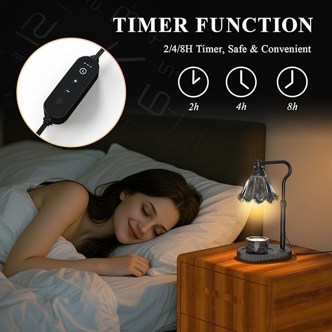 Candle Warmer Lamp with Adjustable Height - Flameless 4-Level Dimmable Wax Warmer, Timer Function & Stylish Design in Multiple Colors(Black)