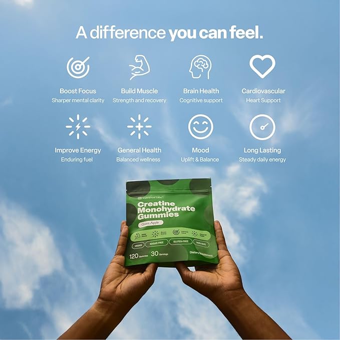 Creatine Gummies 5g Monohydrate + Taurine & B12 - Sugar-Free, Vegan, Gluten-Free - Green Apple - 120 Count (30 Servings) for Strength, Energy & Focus