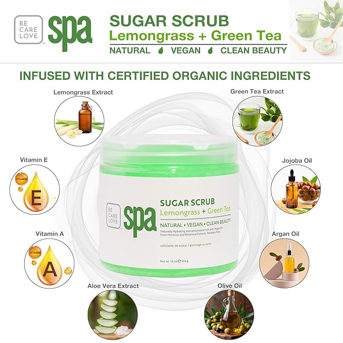 Be Care Love Spa Sugar Scrub Lemongrass + Green Tea to moisturize, detoxify and purify skin for acne-prone, oily, or damaged skin.16 oz