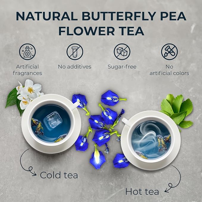 Butterfly Pea Flower Tea with Jasmine & Stevia - 55 Count (+5 Tea Bags) - 4.44 oz, Bamboo Tong, No Sugar Added & No Additives, Re-Steep Natural Herbal Tea Blend for Skin,Support