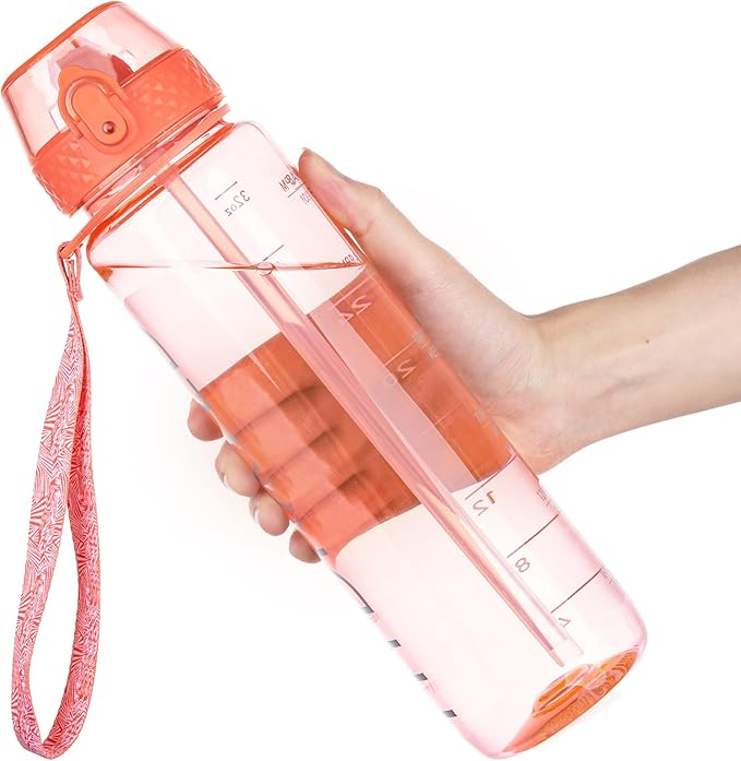 GOPPUS Clear Water Bottle With Straw 32oz Sports Water Bottles Motivational with Time Marker Tritan BPA Free Clear Plastic Water Bottle Wide Mouth for Gym Travel Home School Office