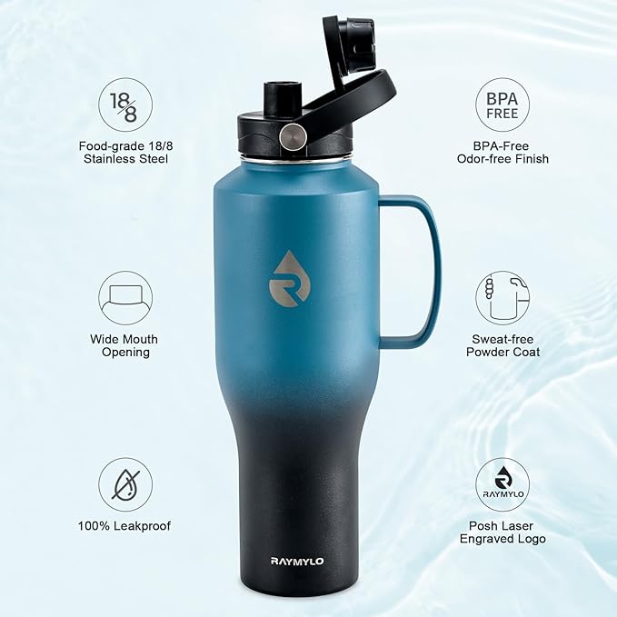 32oz Stainless Steel Water Bottle (Cold for 48 Hrs, Hot for 24 Hrs), Triple Wall Vacuum Insulated Water Bottle with Straw Lid, Spout Lid and Paracord Handle, Leakproof, Fit in Any Car Cup