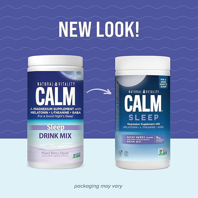 Natural Vitality Calm Sleep, Melatonin & Magnesium Citrate, Sleep Aid Drink Mix, GABA, Aid, Vegan, Gluten Free Non-GMO, Mixed Berry, 16 Oz