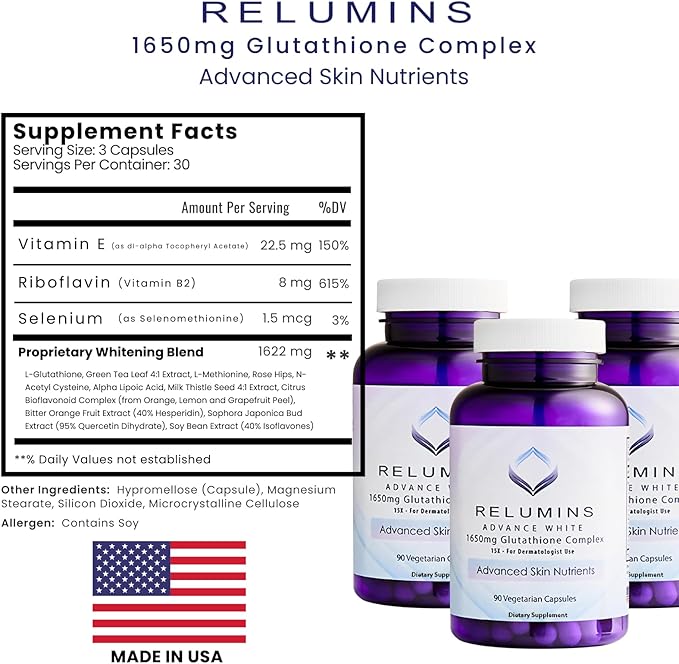 Relumins L-Glutathione Complex 1650mg - Antioxidant Support with Alpha Lipoic Acid, NAC, L-Methionine, Vitamin E, Skin Health Supplement, Made in USA - 90 Vegetarian Capsules x 3 Bottles