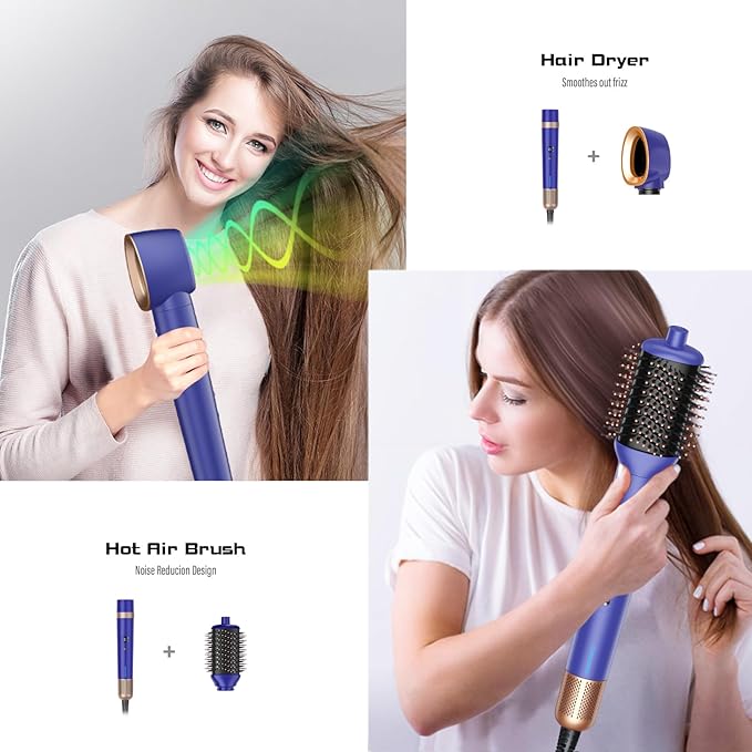 T-GOGO Hair Dryer Brush Professional: 6 in 1 Hot Air Hair Styler & Dryer Set, Powerful Hair Air Curling Iron High-Speed Negative Ionic Blow Dryer, Auto-Wrap, No Heat Damage (Blue)