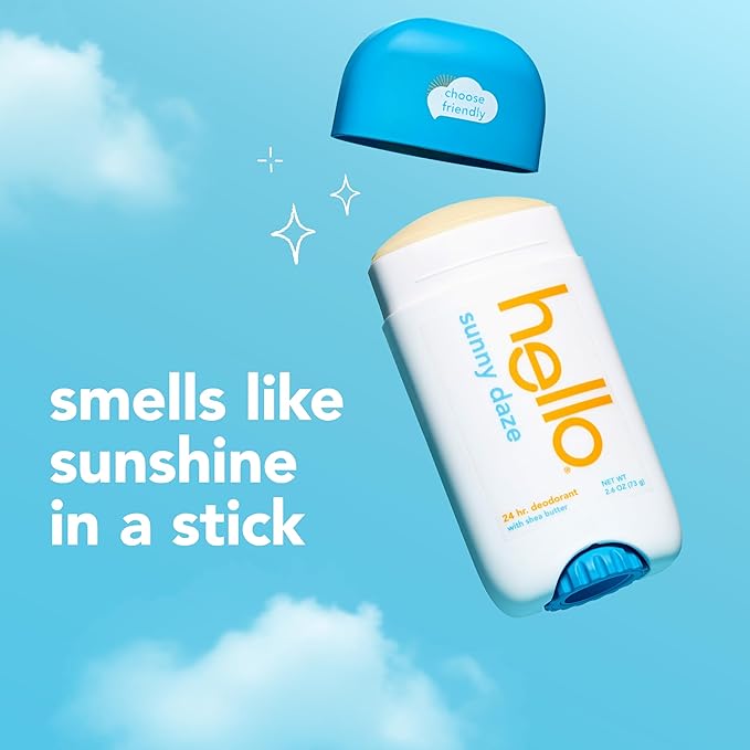 hello Sunny Daze Aluminum Free Deodorant for Women and Men with Shea Butter, 24-Hour Freshness, Baking Soda Free Deodorant, Dermatologically Tested, 2.6 oz Deodorant Stick, 2 pack