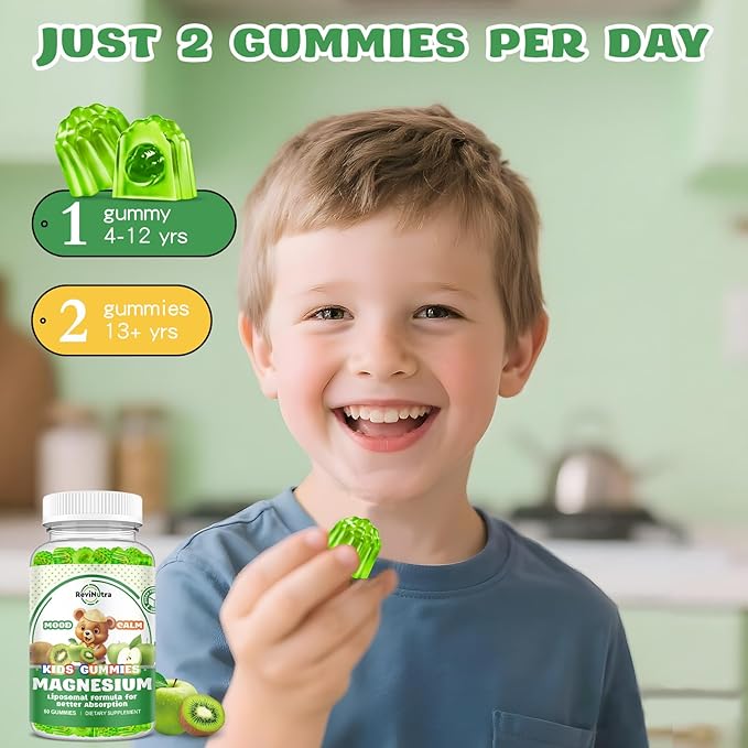 Liposomal Kids Magnesium Gummies- Magnesium Glycinate Gummies for Kids Supplement-w/Omega-3, Vitamin B6, D3- Support Calm Stress Relief, Bones, Mood, Green Apple & Kiwi Flavor, 60 Count