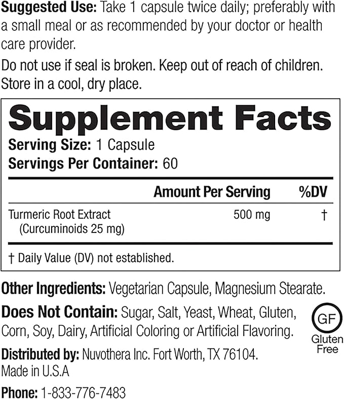 Nuvothera Super-Micronized Turmeric Curcumin Capsules 2-Month Supply Rapid Absorption, Whole Root, Non-GMO, Skin, Gut Health & Antioxidants(120 Capsules)