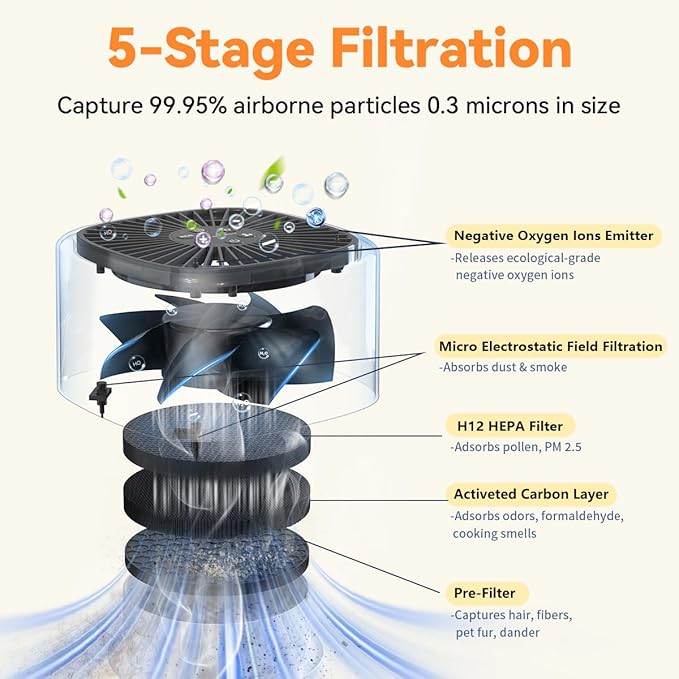 BeOkay Air Purifier Negative Oxygen Ion for Home HEPA Filter 5 Layers Filtration 3 Fan Modes Purifiers Ultra Quiet 20dB Sleep Mode 12 Color Lights 10 Brightness 3 Timers Adjustable for Bedroom Office