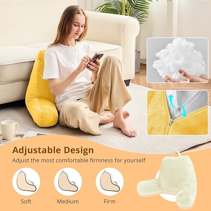 Sasttie Reading Pillow, Velvet Back Pillow for Bed Sitting Up, Adult Back-Rest Support Cushion with Arms for Sit Up on Couch, Sofa, and Floor, Dorm Essentials, Reading Accessories, Yellow