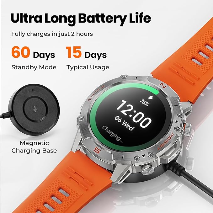 WalkerFit Smart Watch for Men, 1.43" Round AMOLED, 5ATM Waterproof, Heart Rate & Sleep Monitor,Long Battery,Outdoor Activity Tracker,Voice Control&Bluetooth Call,Compatible with iPhone Android, Orange