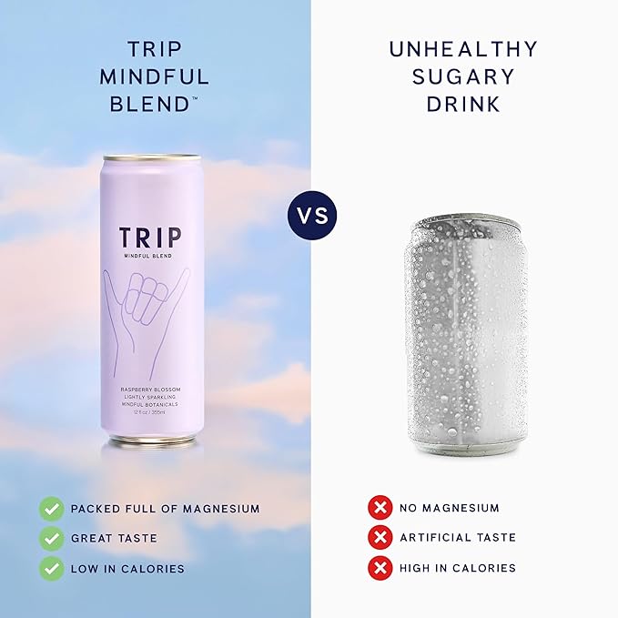 Trip Mindful Blend, Lightly Sparkling Adaptogen Seltzer w/ 120mg Magnesium Citrate with Ashwagandha, Lions Mane & L Theanine, No Added Sugar, Vegan, Raspberry Orange Blossom, 12 Oz, 12Pk