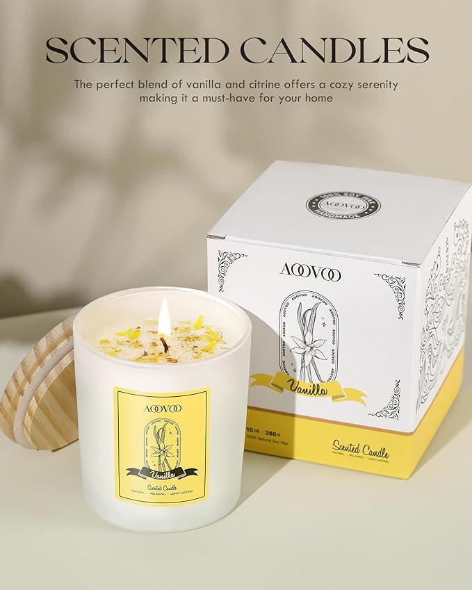 AOOVOO Vanilla Scented Candles for Women - Aromatherapy Candle with Crystals Inside, 10oz Soy Candles for Home Scented, Gifts for Women Mom
