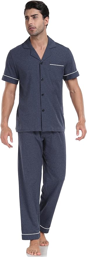 COLORFULLEAF Men's 100% Cotton Pajamas Set Button Down Sleepwear Short Sleeve and Long Pants Pjs