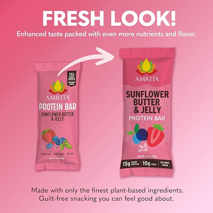 Amrita Nut Free Sunflower Butter & Jelly Vegan Protein Bars (12 Count) | 11g Plant-Based Protein Bar | Peanut Free, Gluten Free, and Dairy Free | Low Sugar, High Fiber, Healthy School-Safe Snacks