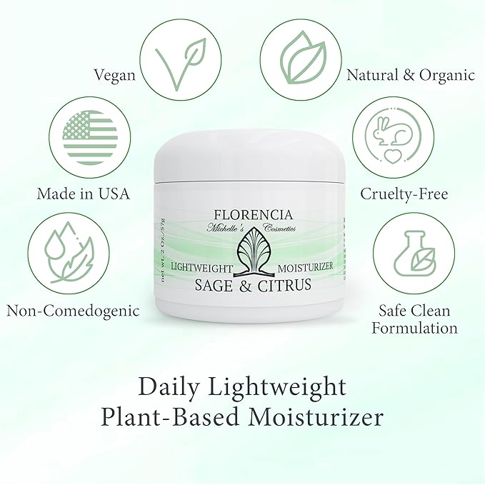 Florencia Sage & Citrus Lightweight Moisturizer - Oil-Free Hydrating Face Cream for Sensitive, Oily, Acne-Prone Skin - Plant-Based, Fast-Absorbing Moisturizer for Combination Skin