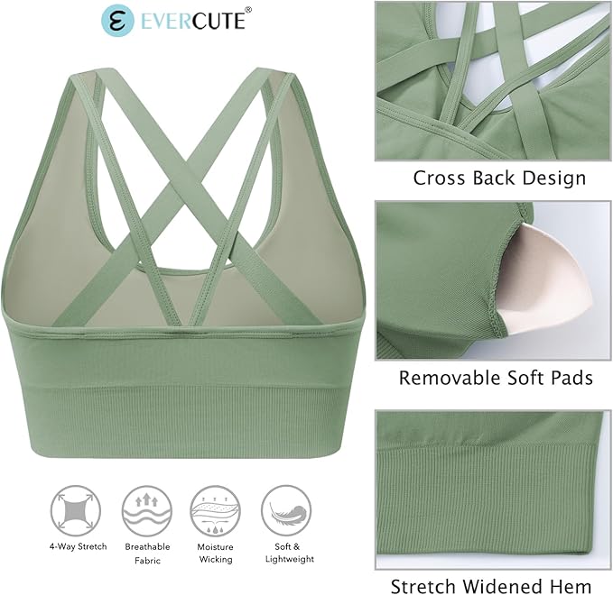 Evercute Sports Bra for Women Padded Medium Support Criss Cross Strappy Bras Seamless High Impact Yoga Exercise Athletic Bras