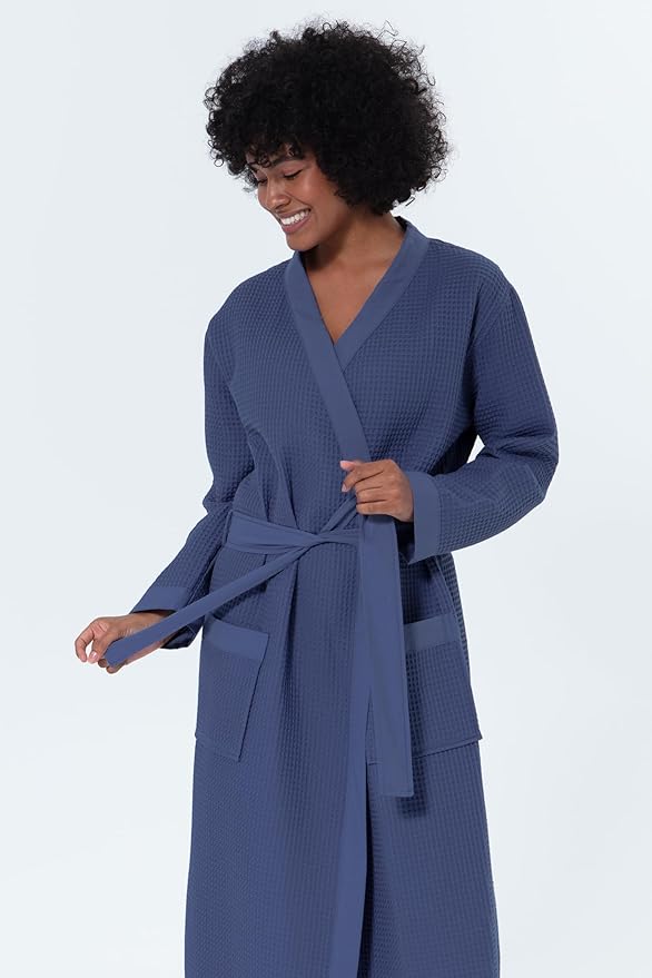 SEYANTE Women’s Luxury Waffle Shawl Collar, Hooded Robe w Piping – Lightweight, Long, Ultra Soft Spa Sleepwear Bathrobe