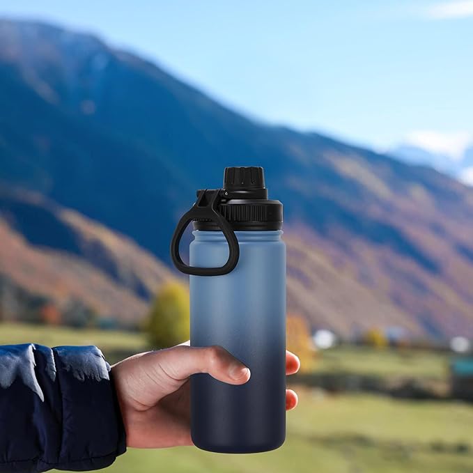 DOMICARE 16 oz Kids Water Bottle for School Stainless Steel Double Wall Vacuum Insulated Water Bottle with Straw lids & Spout Lid, Leakproof BPA Free (Blue/Navy,1)