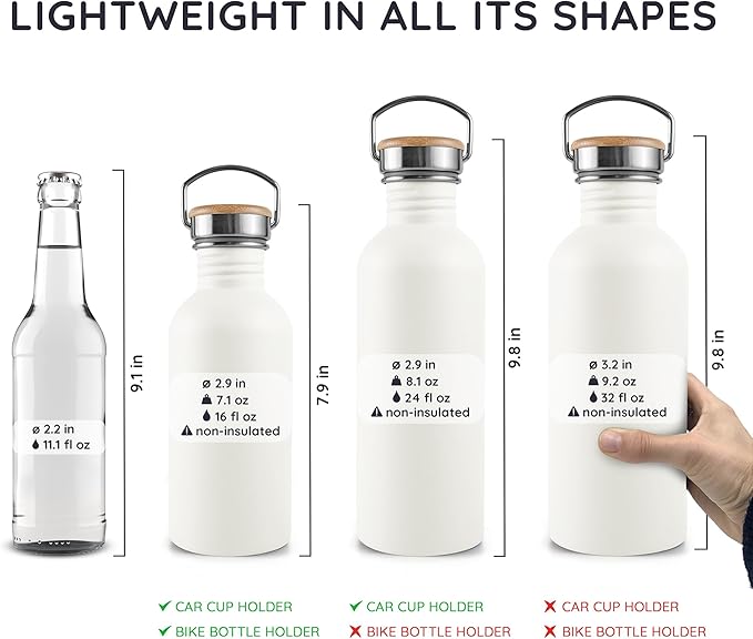 Bambaw Stainless Steel Water Bottle 16 oz - Non-Insulated, Dishwasher Safe, for School - Small Size Metal Bottle - Polar White
