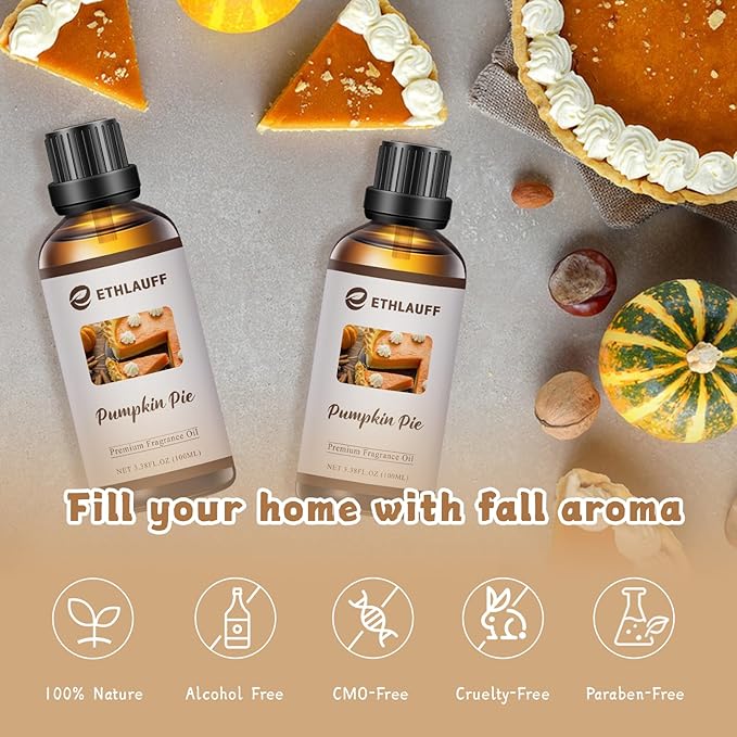 Pumpkin Pie Fragrance Oil, 100ml Pumpkin Spice Essential Oil for Diffusers,Fall Essential Oil for Candle Making, Autmun Scented Oil -3.38FL.OZ