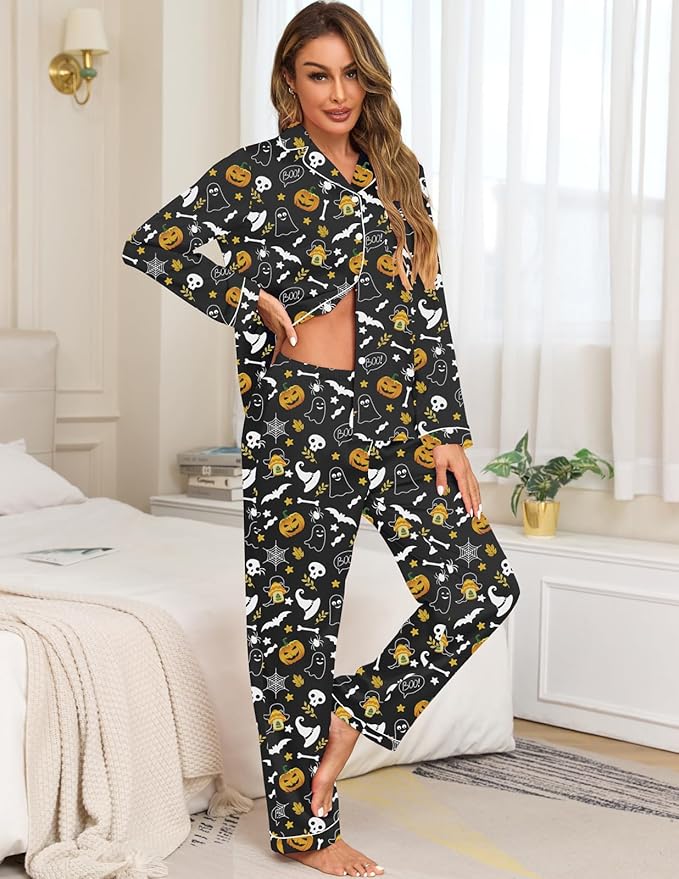 Veseacky Womens Satin Pajama Set Silk Pjs Button Down Long Sleeve Sleepwear Loungewear Sleepwear 2 Piece Pjs Set S-XXL
