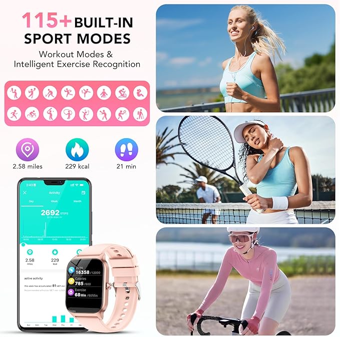 Smart Watch for Men Women, 1.85" HD Fitness Tracker with Bluetooth Calls/Messages, IP68 Waterproof, 115+Sports Modes, 24/7 Heart Rate/Sleep Fitness Watch Compatible with iOS/Android, Lotus Root Pink
