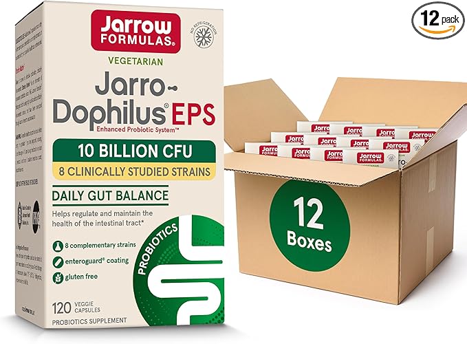 Jarrow Formulas Jarro-Dophilus EPS Probiotics 10 Billion CFU for Intestinal Tract Support, Probiotic Supplement for Gut Health for Women and Men, 120 Veggie Capsules, Up to a 60 Day Supply,Pack of 12