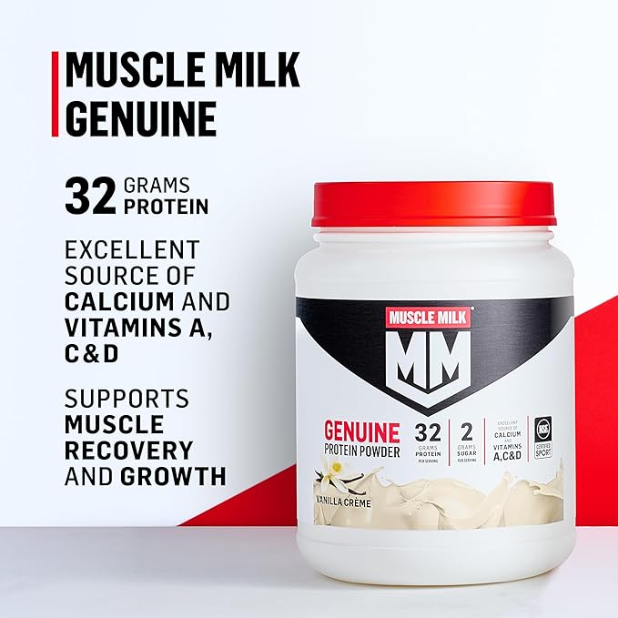 Muscle Milk Genuine Protein Powder, Vanilla Crème, 1.93 Pounds, 12 Servings, 32g Protein, 2g Sugar, Calcium, Vitamins A, C & D, NSF Certified for Sport, Energizing Snack, Packaging May Vary