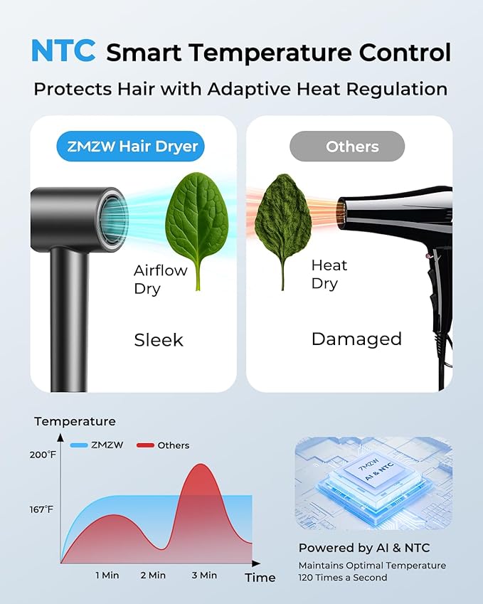 High Speed Hair Dryer 160000 RPM - Quiet Ionic Blow Dryer with Magnetic Diffuser and Concentrator, 500 Million Negative Ions, Lightweight, Thermo-Control, Fast Drying for Home Travel Salon