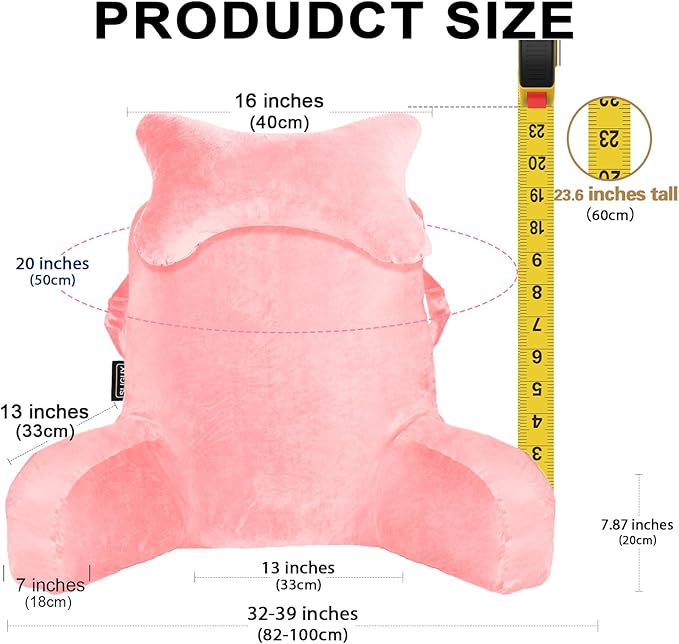 SLIGUY Reading Pillow for Sitting in Bed Couch Adult, Back Pillow with arm Support and Pockets, Adult Back Pillow Bed Chair for Rest, Reading, Watching TV, Gaming for Boys and Girls Pink