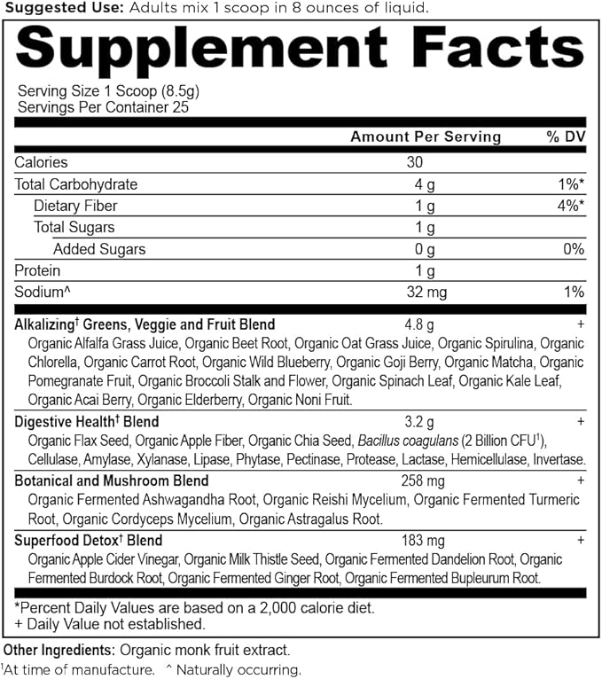 Ancient Nutrition Supergreens Alkalize & Detox Powder, Organic Superfood Powder Made from Real Fruits, Vegetables and Herbs, for Digestive and Energy Support, 25 Servings, 7.5oz